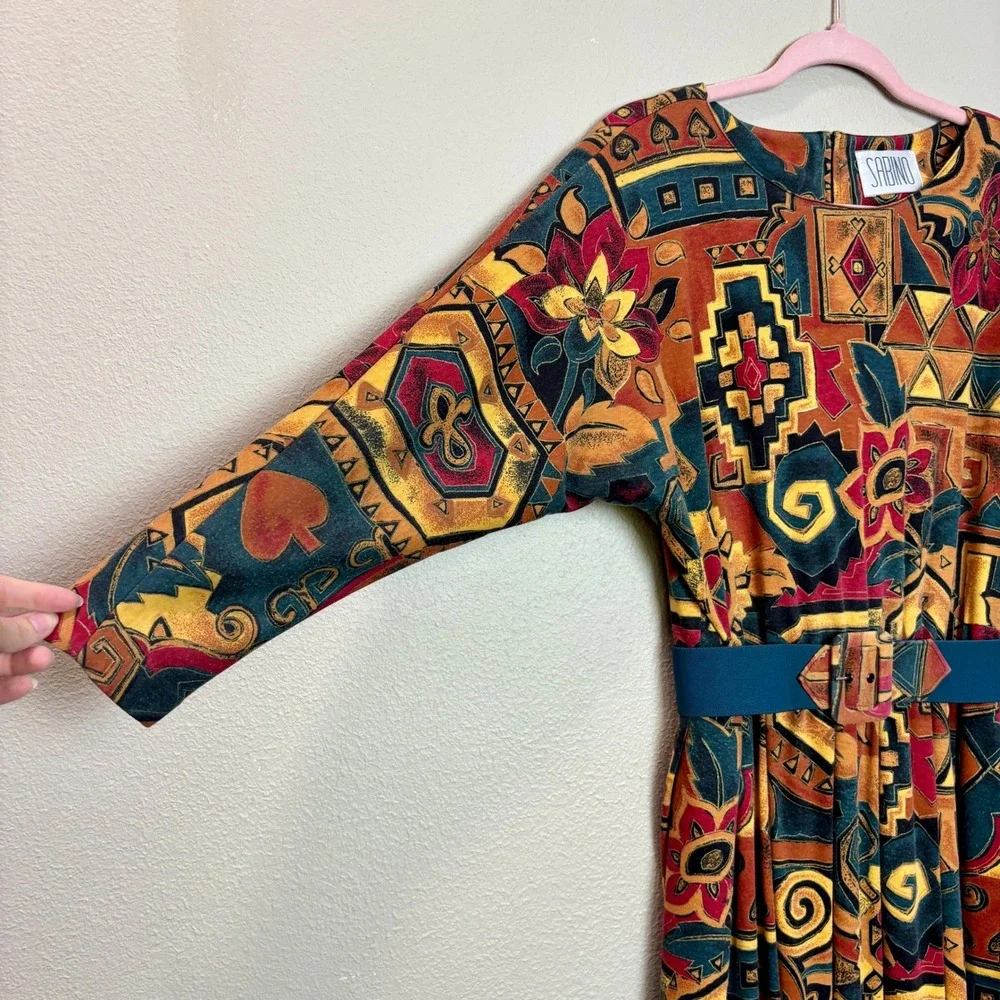 Sabino Vintage 80s‎ Midi Dress Abstract Print Belted Long Sleeve Size 6 Bohemian - Picture 4 of 16